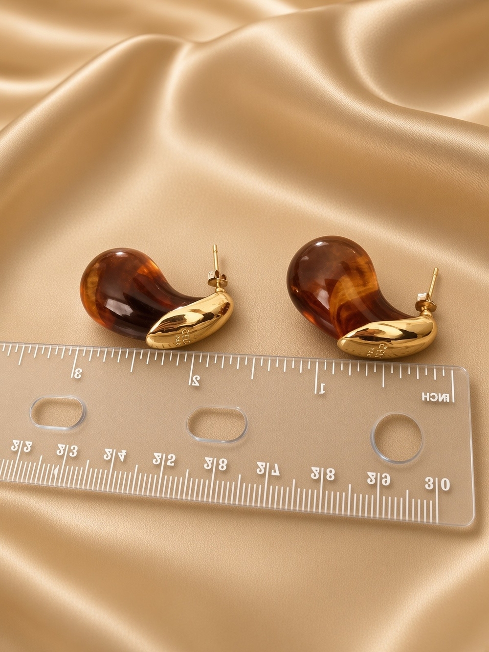Gold-Tone Earrings with Amber Resin Curved Accents